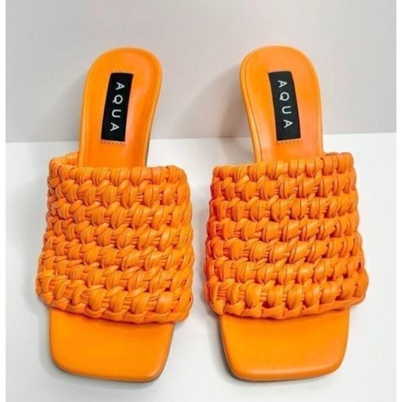 AQUA Orange Woven Heeled Mules Size 6M Square Toe Slip On Heels Sandals - Picture 4 of 7